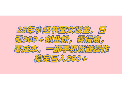 (3.8)25年小红书创业粉图文自热打法，一部手机简单操作， 日引300＋创业粉，零投资，零成本，每天利用20分钟就能完成