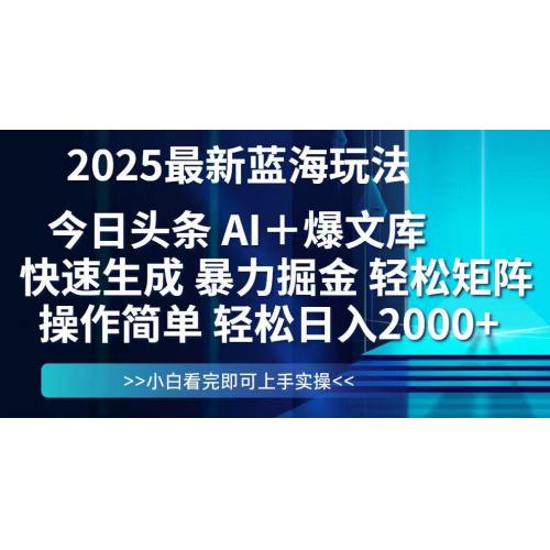 (5.19)今日头条2025最新蓝海玩法，思路简单，复制粘贴，轻松实现矩阵日入2000+